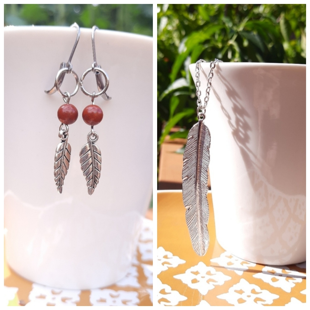 Red Jasper Feather Earrings & Feather Necklace Bundle